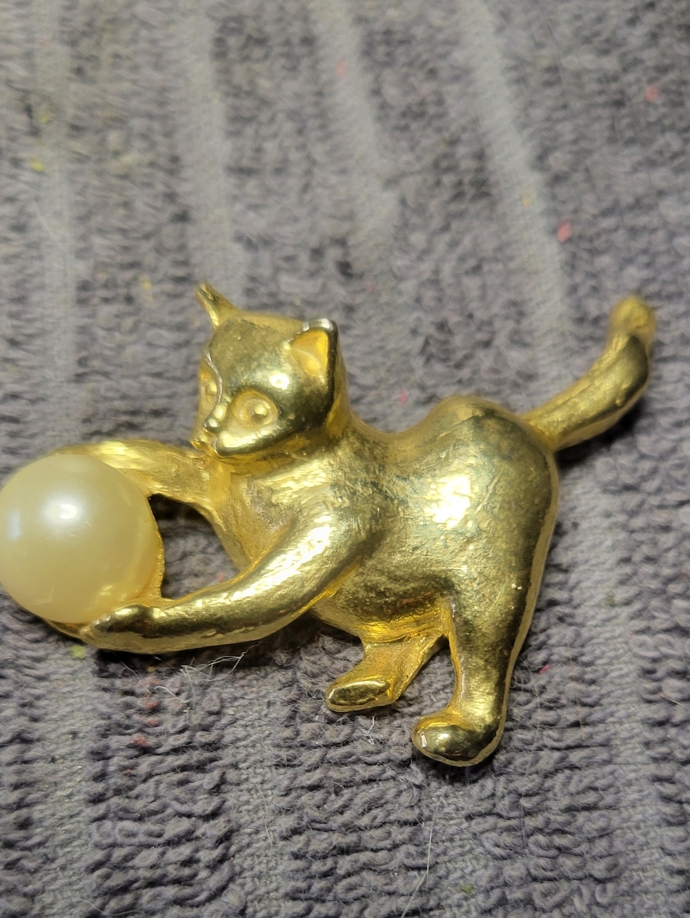 BUNDLE SALE ITEM...Gold Cat with Pearl Ball Brooch - Elegant Cat Pin